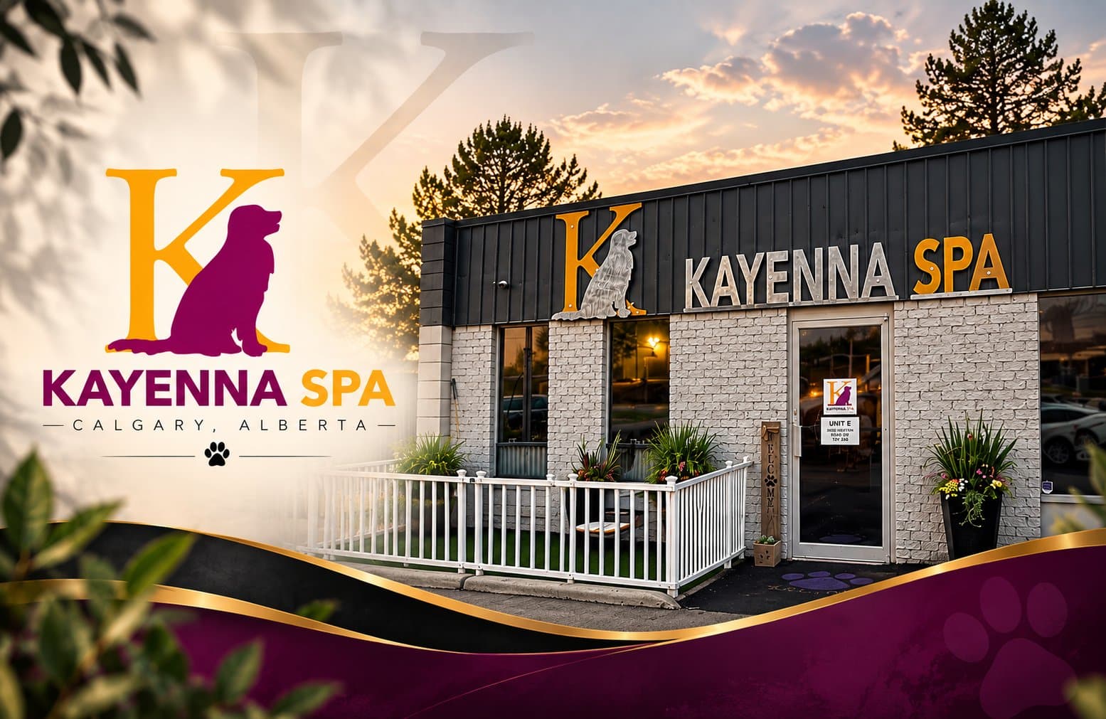 Kayenna Spa dog grooming storefront at sunset, Unit E, 9827 Horton Road SW, Calgary