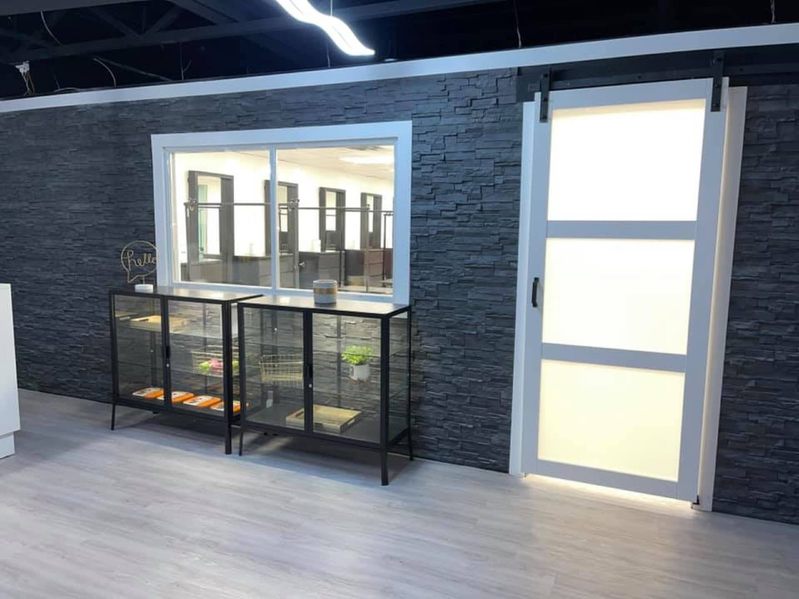 Grooming room viewing window and retail display
