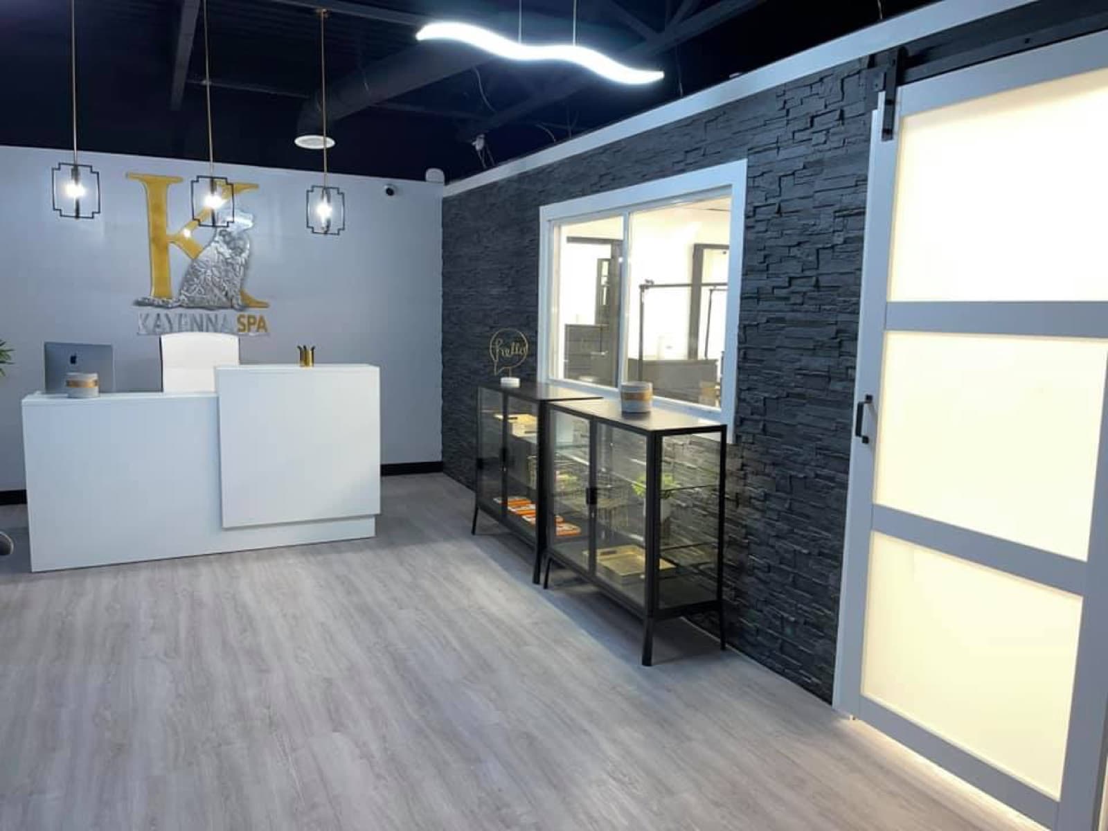 Reception desk and product shelves